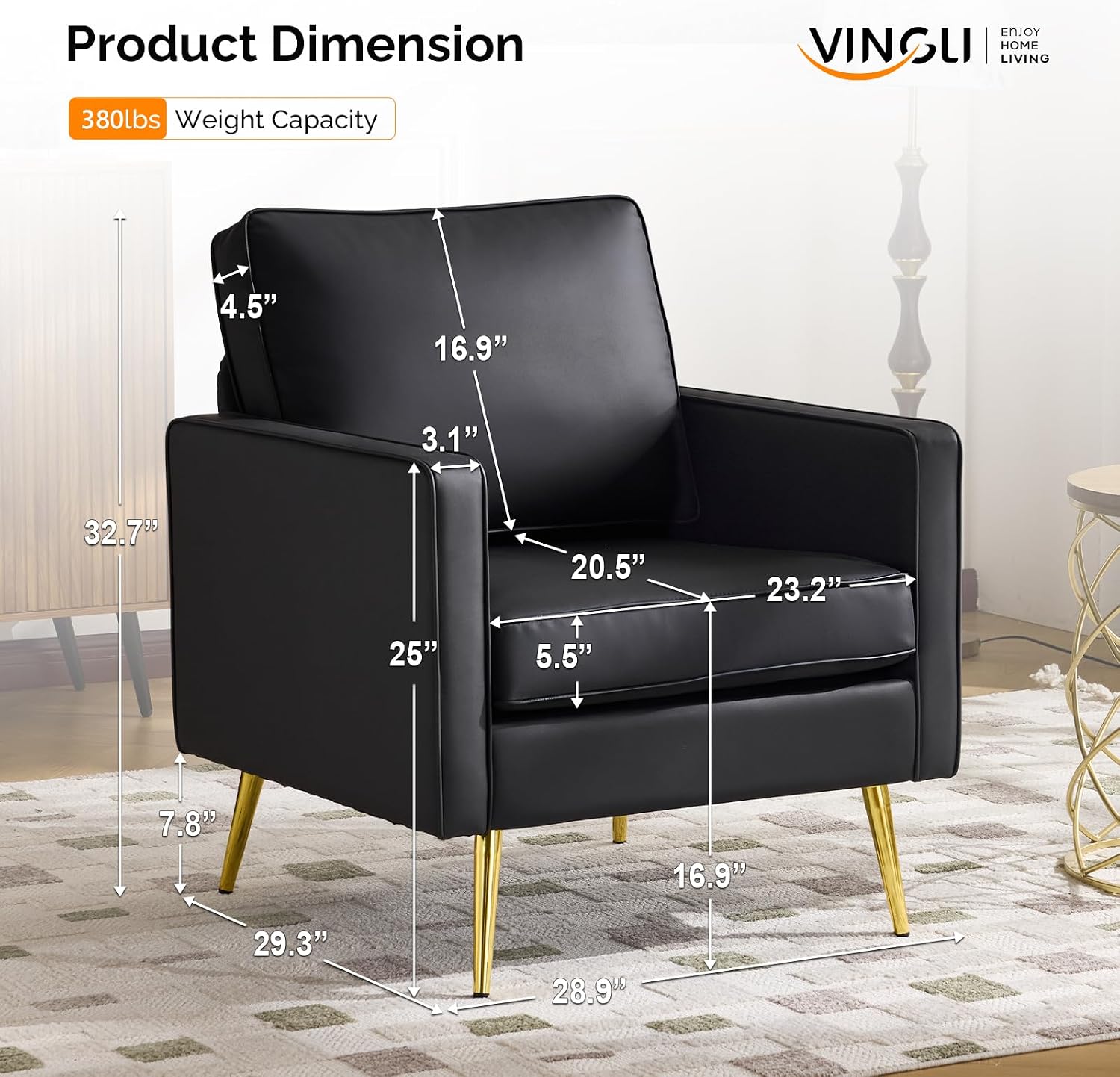 VINGLI PU Leather Accent Chairs Set of 2, Mid-Century Modern Living Room Chairs with Removable Cushions, Gold Legs, Upholstered Sofa Armchair for Bedroom, Office, Apartment, Play Room