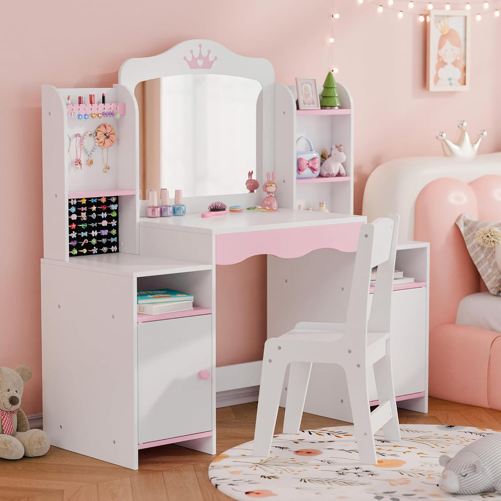 MU Kids Vanity, Girl Vanity Set with Mirror and Stool, 2 in 1 Toddler Makeup Vanity Table with Jewelry Storage, Wooden Princess Makeup Desk Dressing Table for Little Girls, (White)