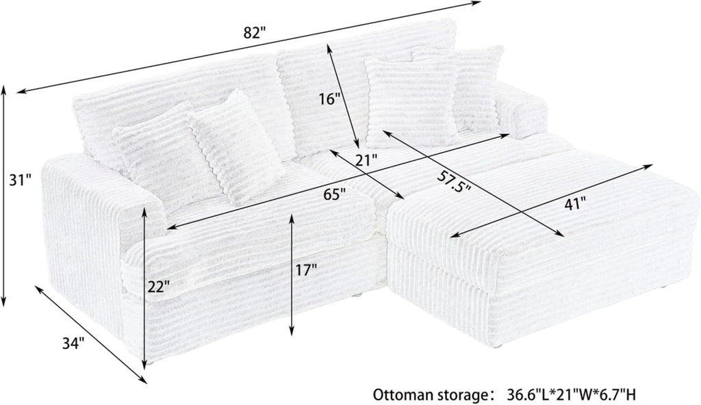 KEIKI 88.58 inch Corduroy Sofa, Wide Corduroy Sofa Chair with Storage Feet and 4 Throw Pillows, Sleeper Couch for Living Room, Apartment, Salon, Home Theater, Gray