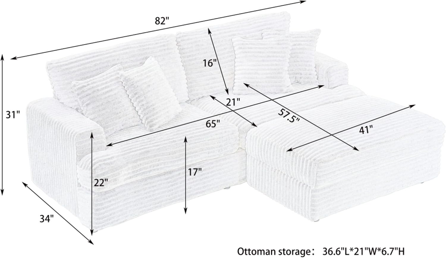 KEIKI 88.58 inch Corduroy Sofa, Wide Corduroy Sofa Chair with Storage Feet and 4 Throw Pillows, Sleeper Couch for Living Room, Apartment, Salon, Home Theater, Gray