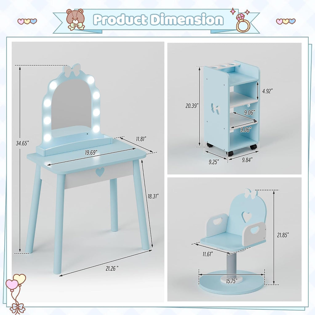 Ice Blue Kids Vanity Set with Light and Barber Chair, Makeup Dressing Vanity Table with Storage Shelf and Hair Salon Play Set 7 pcs Accessories, Pretend Play Vanity Set for Toddler Girls
