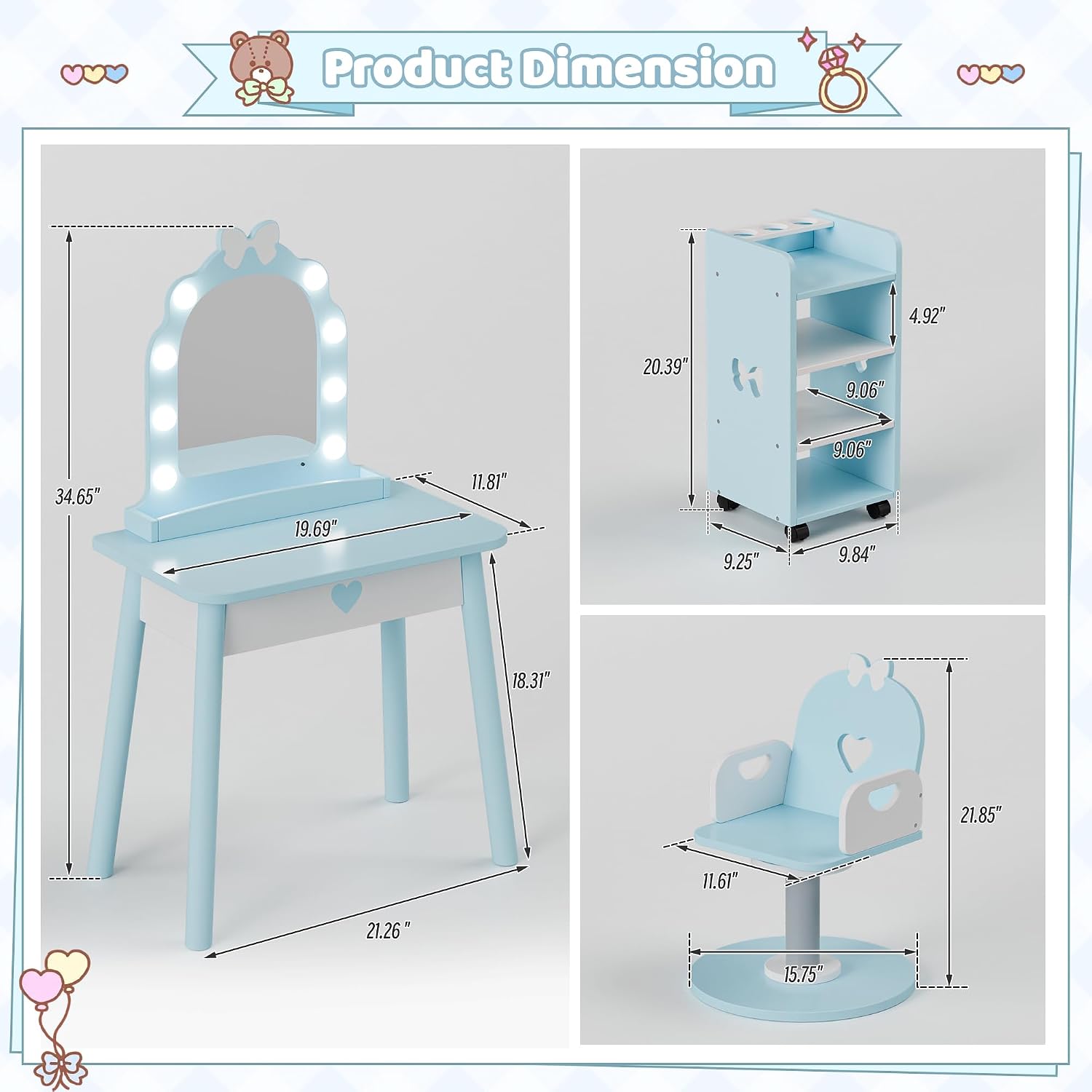 Ice Blue Kids Vanity Set with Light and Barber Chair, Makeup Dressing Vanity Table with Storage Shelf and Hair Salon Play Set 7 pcs Accessories, Pretend Play Vanity Set for Toddler Girls