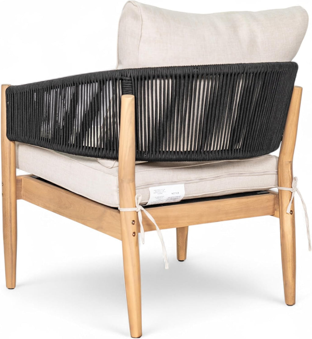 Christopher Knight Home Naomi Set of 2 Patio Acacia Wood Club Chair with Cushions, Handwoven Rope Lounge Chair Outdoor for Porch/Backyard, Stylish Garden Seating with Curved Backrest, Beige + Black