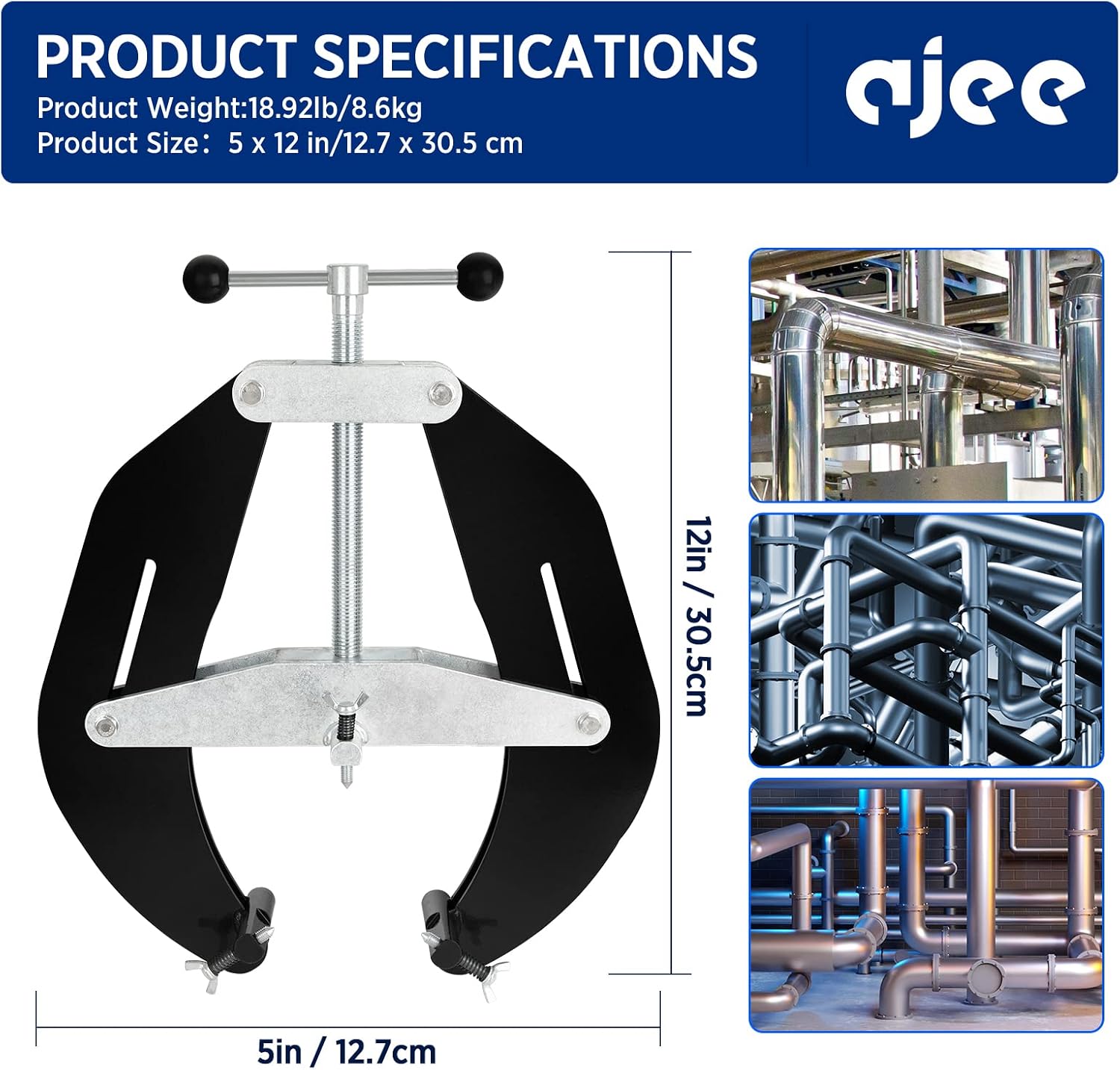 Pipe Clamp, 5 to 12 in, Steel Pipe Alignment Tool with Lightweight Design, High Strength Ultra Clamp with Quick Acting Screws
