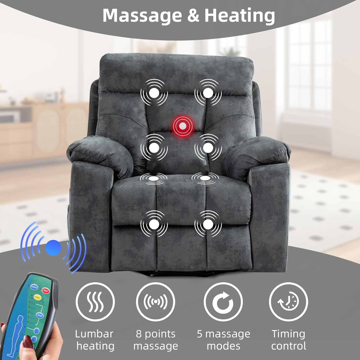 EBELLO Power Lift Recliner Chair with Massage and Heat, Soft Fabric Massage Recliner for Adults with Hidden Cup Holders, Side Pocket, Overstuffed Single Sofa for Living Room, Dark Greenish-Grey