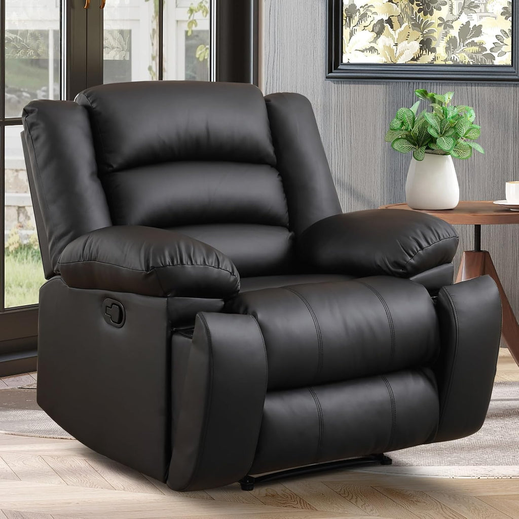 EBELLO Manual Recliner Chair, Faux Leather Reclining Chair with Hidden Cup Holders, Overstuffed Armrests and Back, Manual Single Sofa for Adult, Black