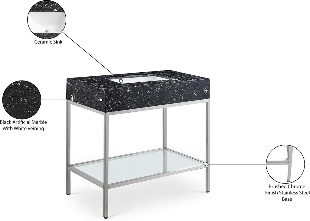 Meridian Furniture 408Black-36 Marmo Collection Modern | Contemporary Bathroom Vanity with Black Engineered Stone with White Veining, Brushed Chrome Stailness Steel Base, 36' W x 23' D x 34' H, Black