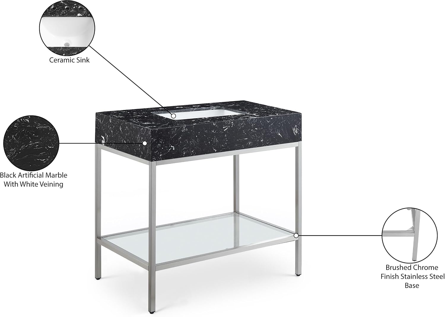 Meridian Furniture 408Black-36 Marmo Collection Modern | Contemporary Bathroom Vanity with Black Engineered Stone with White Veining, Brushed Chrome Stailness Steel Base, 36' W x 23' D x 34' H, Black