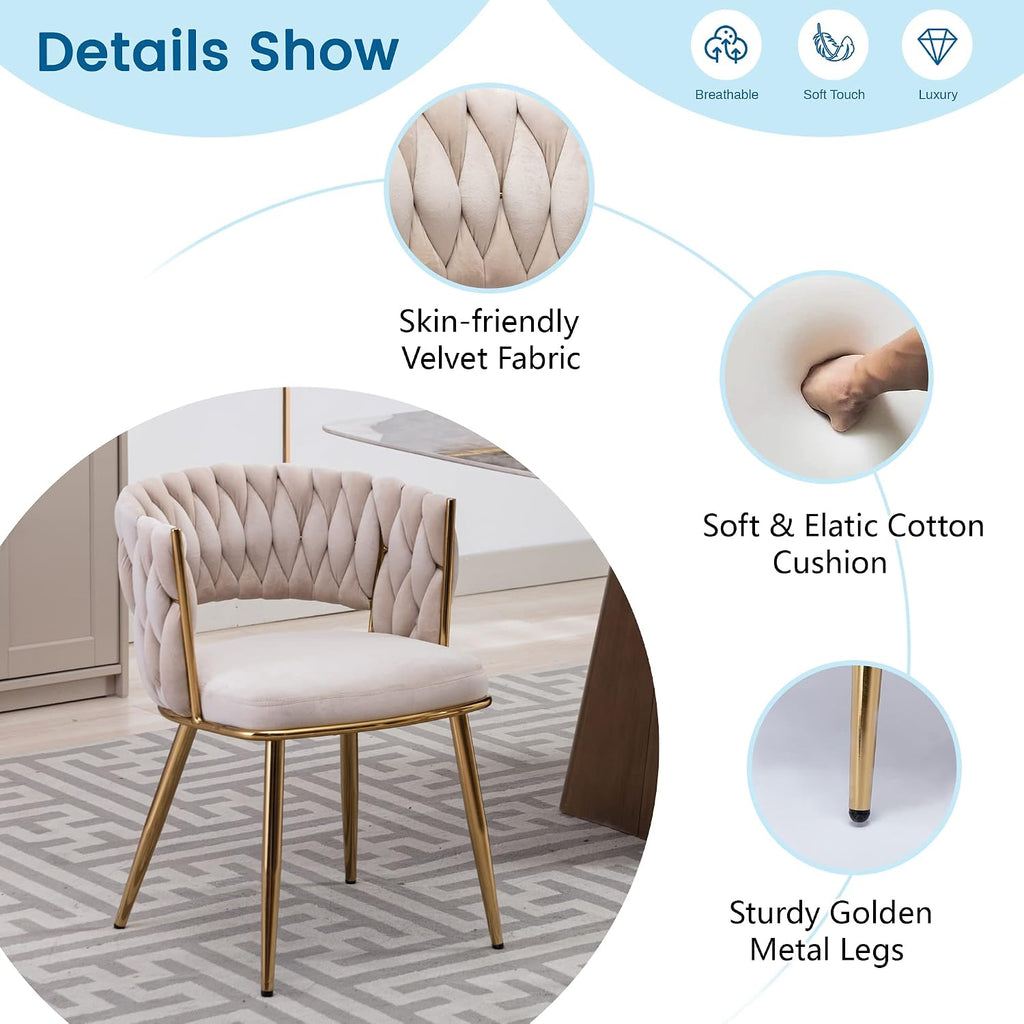 KCC Modern Velvet Dining Chairs Set of 2, Upholstered Living Room Chair with Woven Back and Golden Metal Legs, Mid-Century Accent Side Chair for Living Dining Room, Kitchen, Beige