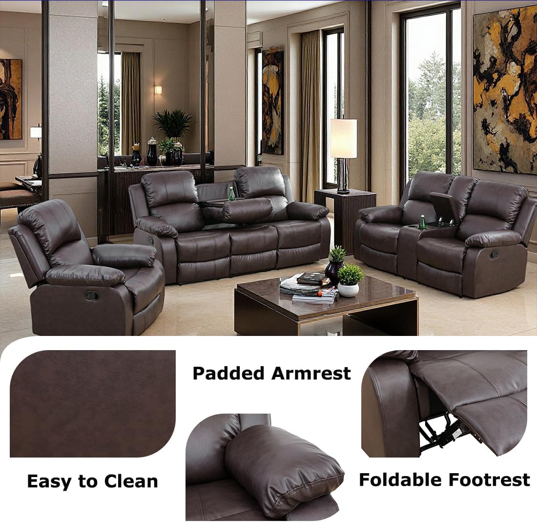 Living Room Furniture Set, Manual Reclining Sofa Set, Brown Leather Recliner Couch Sets with Drop-Down Table, Recliner Sofa with Storage Console/Cup Holder for Living Room/Apartment