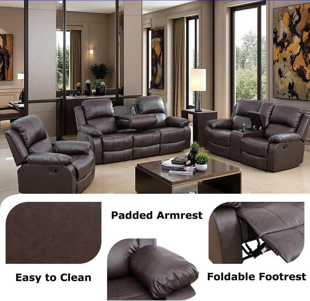 Manual Recliner Loveseat Set, Living Room Furniture Sets, 2 Seater Modern Reclining Couches, Brown Leather Reclining Couch Sets with Storage Console/Cup Holder for Living Room/Apartment