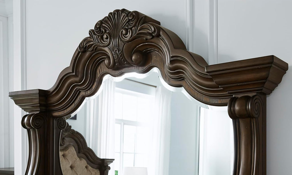 Signature Design by Ashley Maylee 6 Drawer Traditional Dresser with Mirror, Bedroom Chest of Drawers, Hardwood Solids, Oak & Ash Swirl Veneers, MDF Substrates, Cast Resin, Dark Brown