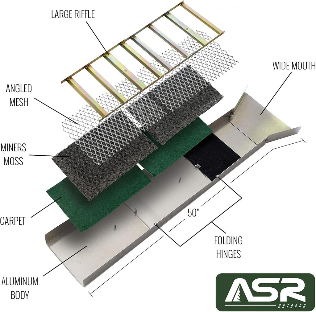 ASR Outdoor 24pc Deluxe 50' Backpack Folding Gold Sluice Box Kit Gold Prospecting Equipment Set, Khaki