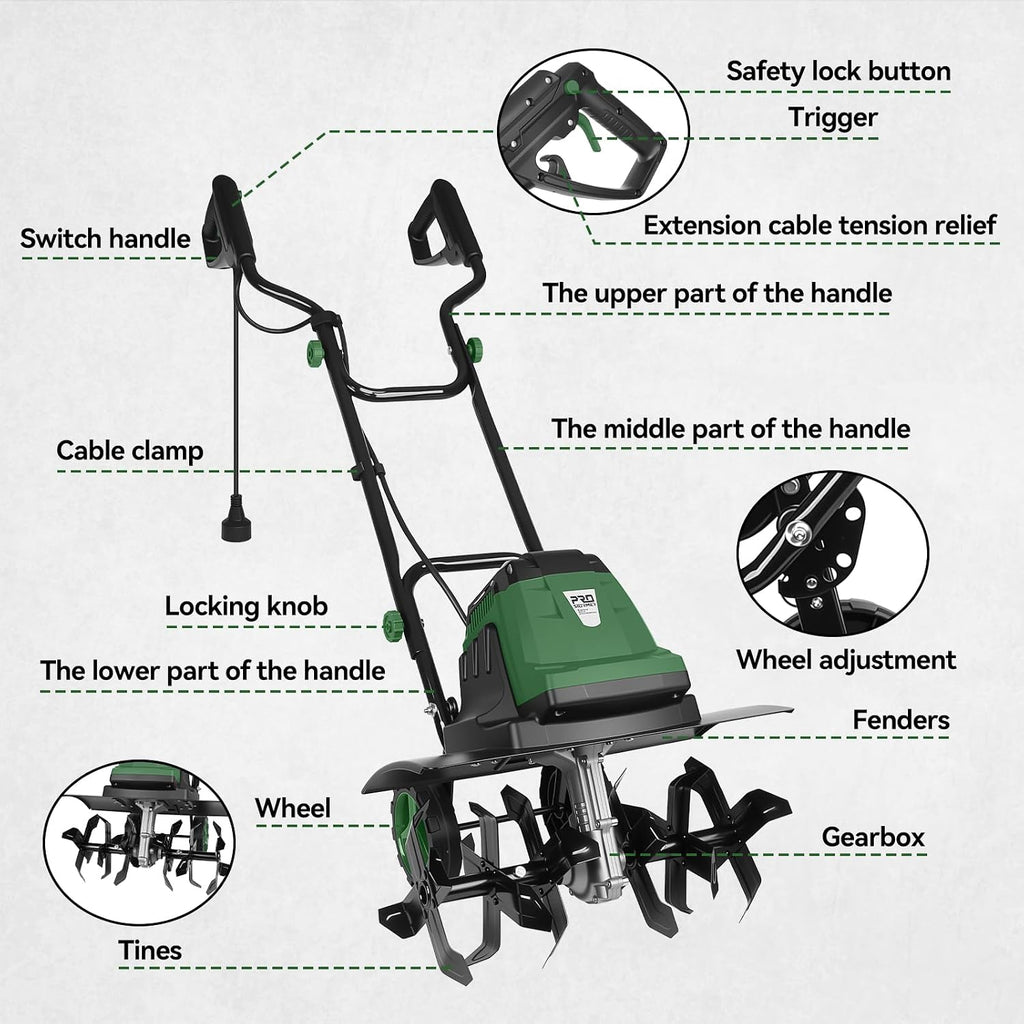18-INCH Electric Tiller, 15 Amp Cord Cultivator with 6 Steel Tines, Foldable Handle & Adjustable Wheels for Soil Digging