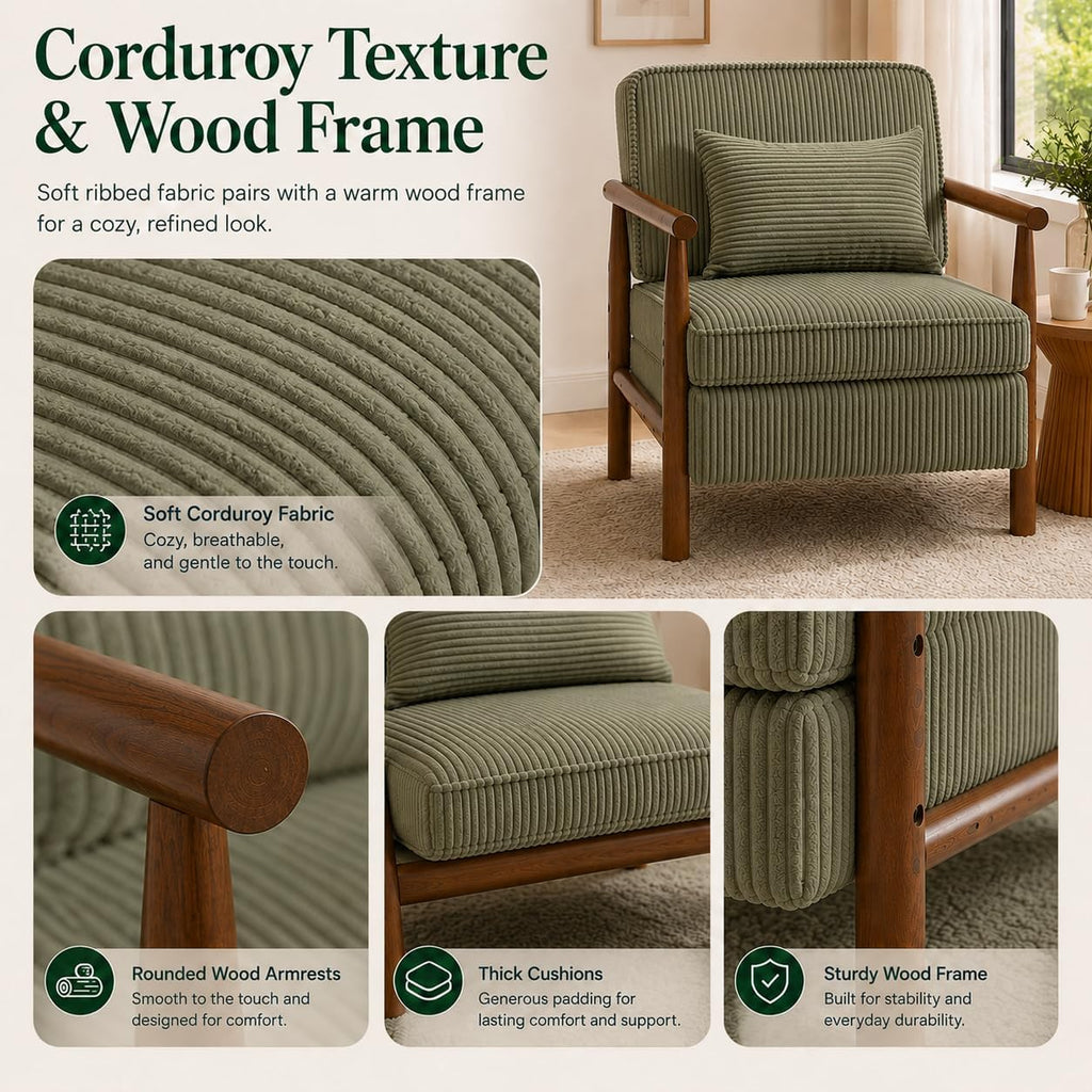 Accent Chair with Hidden Storage, Mid-Century Upholstered Armchair with Solid Wood Frame, Corduroy Fabric Accent Chair for Living Room, Bedroom, and Reading Corner(Green)