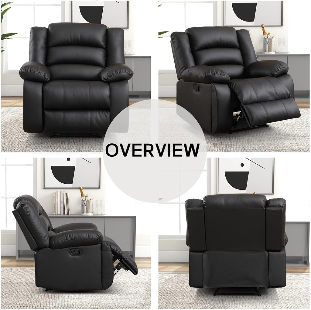 EBELLO Manual Recliner Chair, Faux Leather Reclining Chair with Hidden Cup Holders, Overstuffed Armrests and Back, Manual Single Sofa for Adult, Black