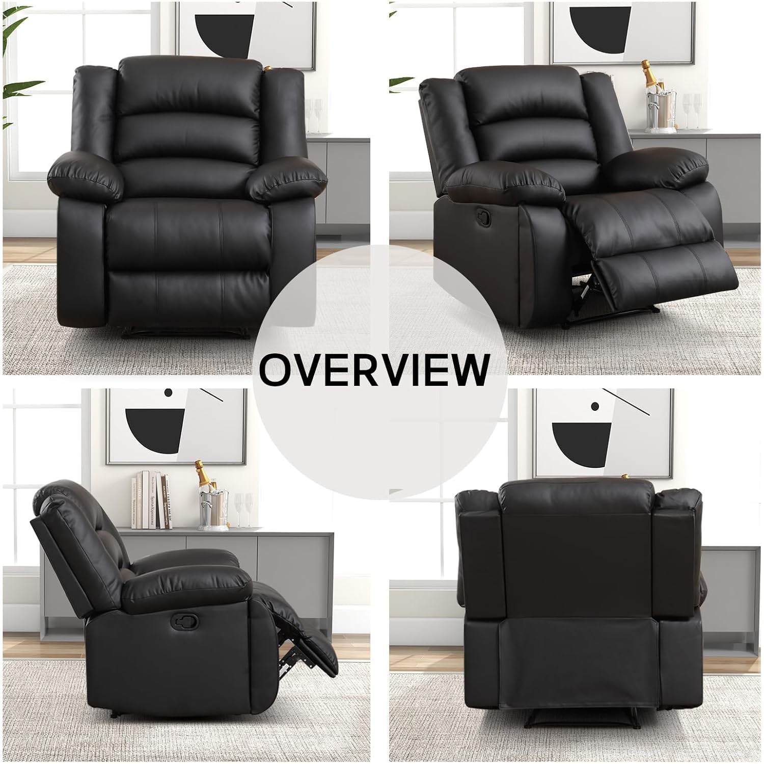 EBELLO Manual Recliner Chair, Faux Leather Reclining Chair with Hidden Cup Holders, Overstuffed Armrests and Back, Manual Single Sofa for Adult, Black