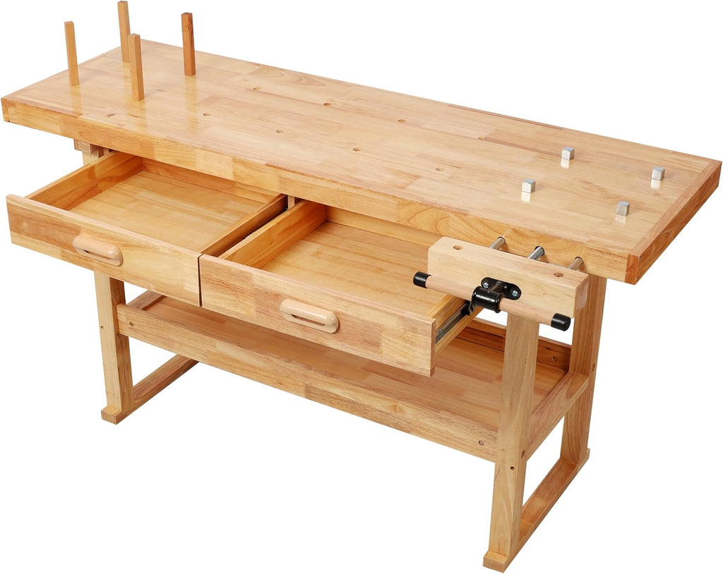 Montary 60' Professional Rubberwood Workbench with 2 Drawers & Open Shelf, Natural Finish Work Bench with Adjustable Handle for Garage, Woodworking Carpenter Workshop & Home Use