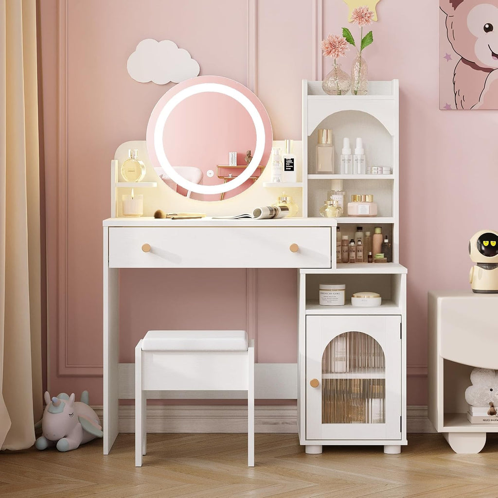 Vabches Kids Vanity Table and Chair Set, Toddler Dressing Table for 5-12 Year Old Little Girls, 2 in 1 Princess Makeup Vanity with Mirror & Lights, Wooden Pretend Play Vanity Desk, White