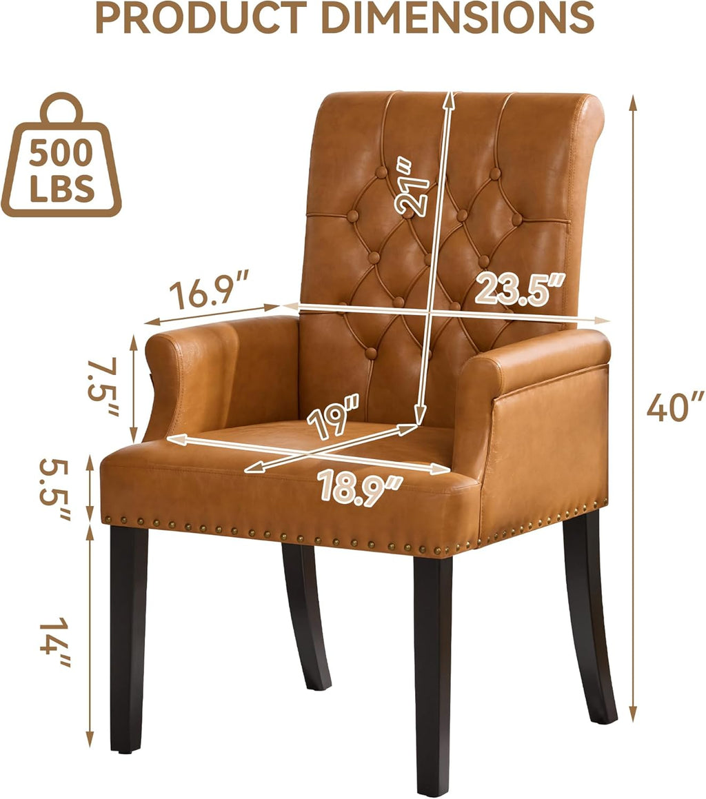 WUTUTUEE PU Leather Dining Chair with Arms, Upholstered Tufted High Back Dining Room Chairs, Accent Armchair with Solid Wood Leg and Nailhead Trim, Kitchen Dining Living Room, Brown
