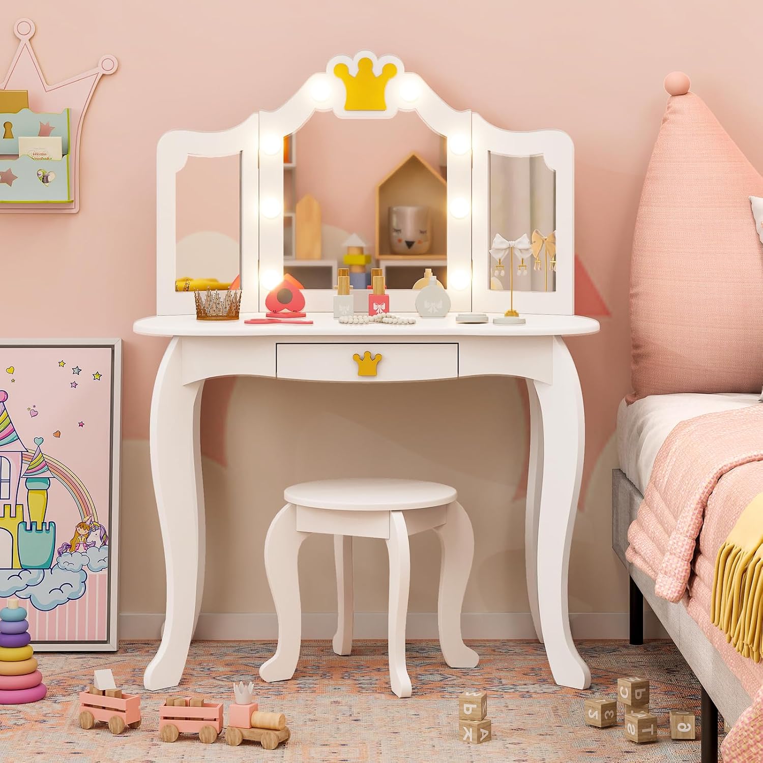 Costzon Kids Vanity with Lights, Girls Vanity Set with Mirror and Stool, Drawer, 2 in 1 Princess Makeup Desk Dressing Table, Kids Vanity Table and Chair Set (White)