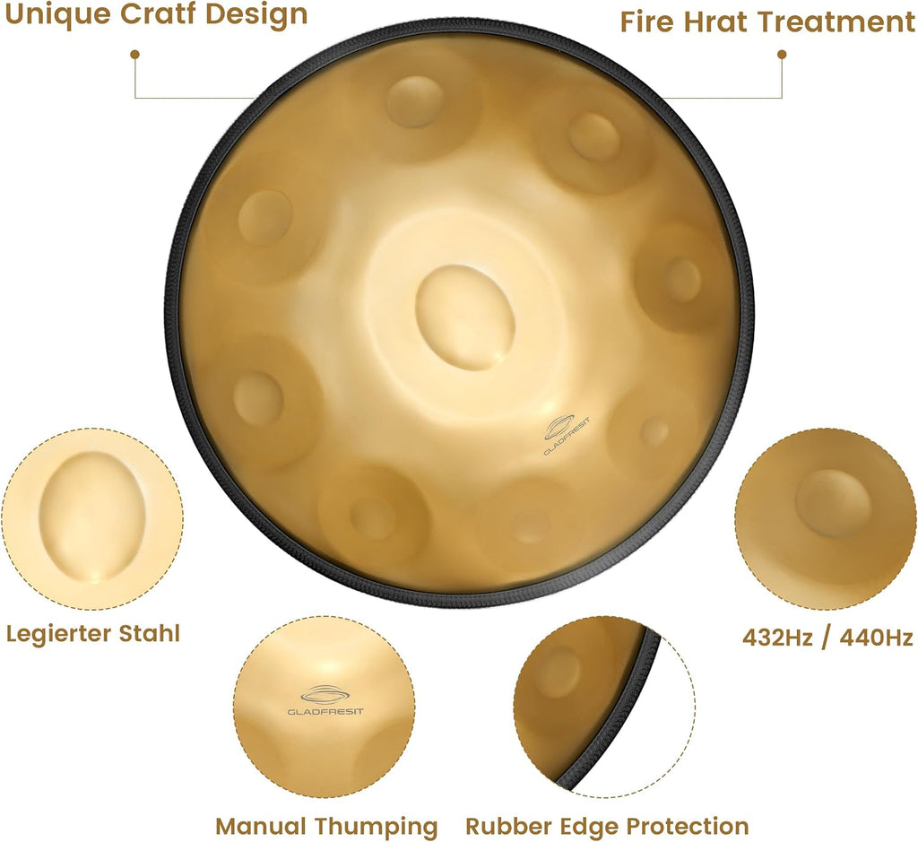 GLADFRESIT Handpan Drum 22inch in D Kurd Minor with handpan stand, handpan case, durable mallets and dust-free cloth (Gold, 432HZ)