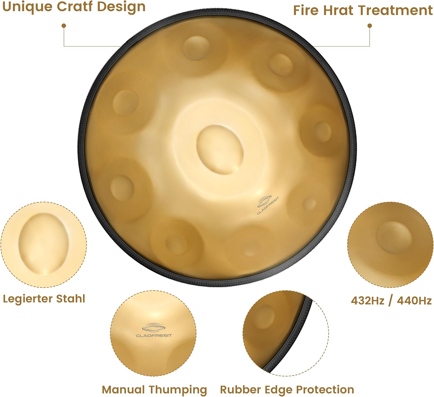 GLADFRESIT Handpan Drum 22inch in D Kurd Minor with handpan stand, handpan case, durable mallets and dust-free cloth (Gold, 432HZ)