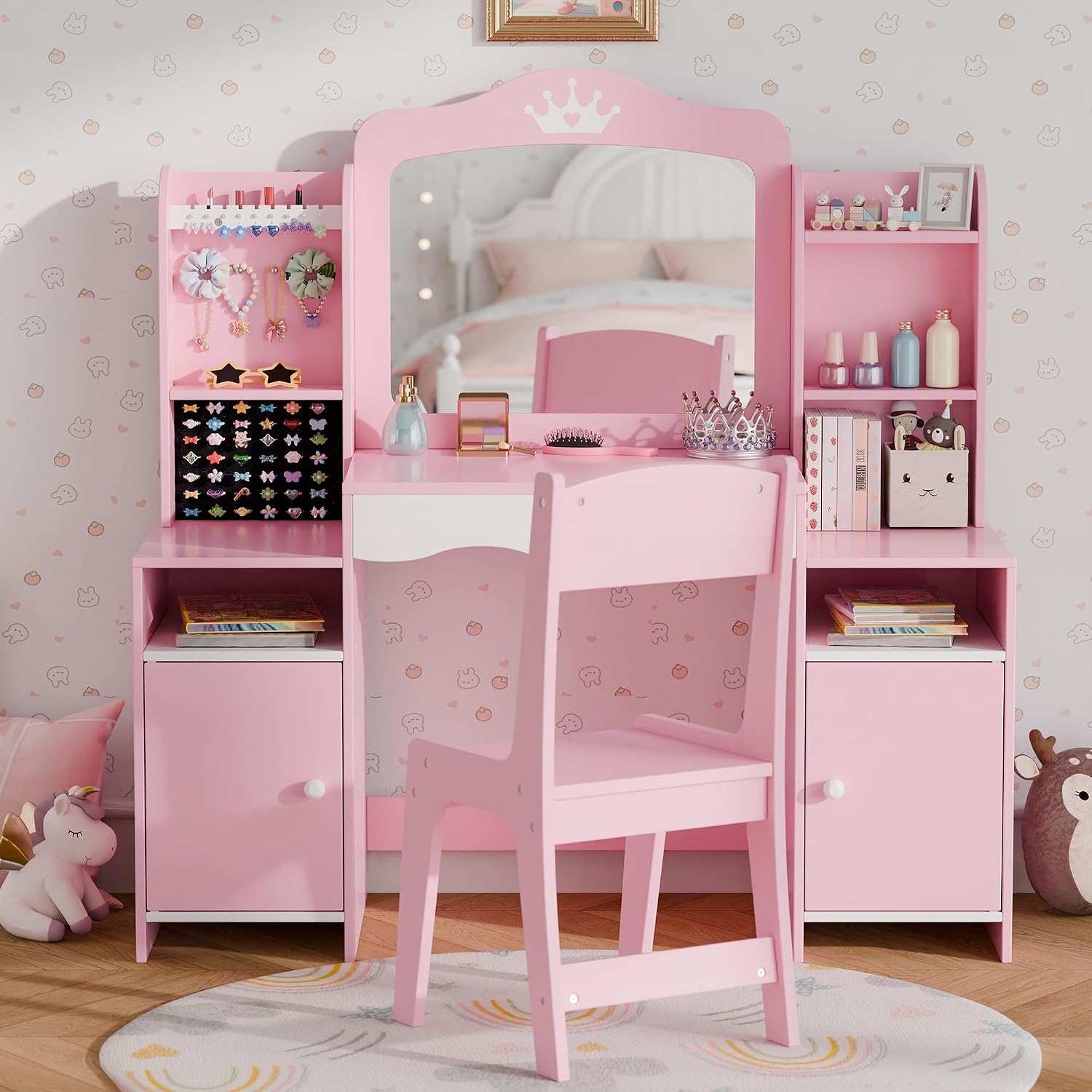 Kids Vanity, Girl Vanity Set with Storage Cabinet & Open Shelf, 2 In 1 Kids Vanity Table and Chair Set with Jewelry Storage, Princess Toddler Makeup Vanity with Mirror for Little Girls (Pink)