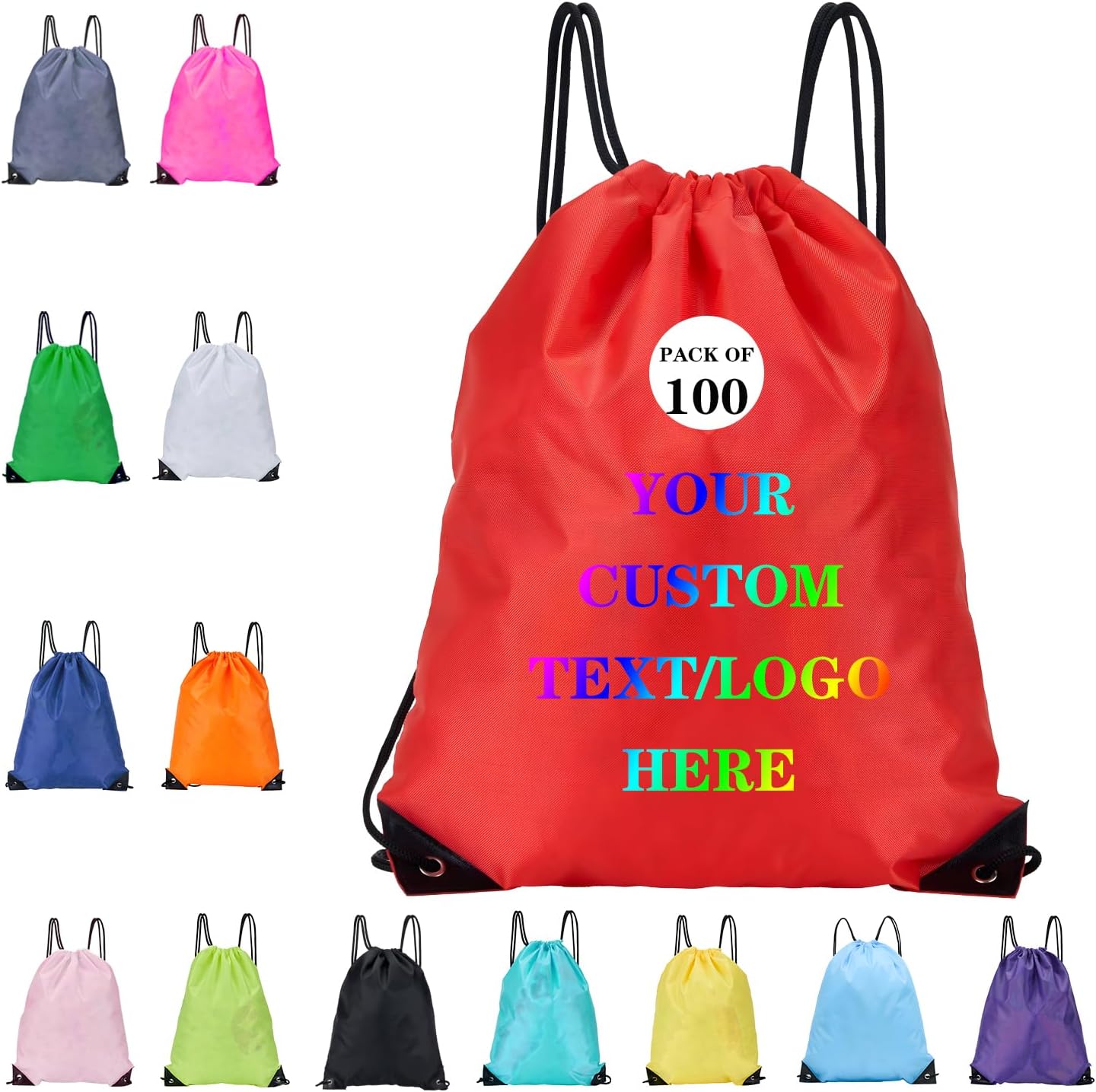 Custom Bags With Your Logo Set of 100 Custom Backpack Draw String Bags Pack Bulk for Travelling Swimming Gym Everyday Use (Red)