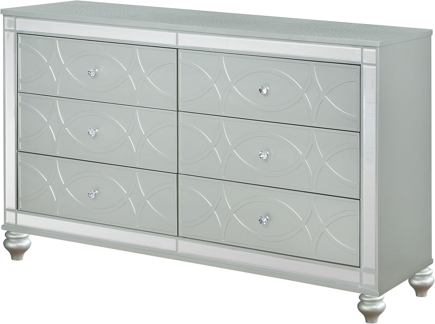Coaster Home Furnishings - Gunnison - 6-Drawer Dresser with Modern Classic Style, Crystal-Like Pulls, Felt-Lined Top, Fretwork Panel Overlays - Bedroom - Silver Metallic - 223213