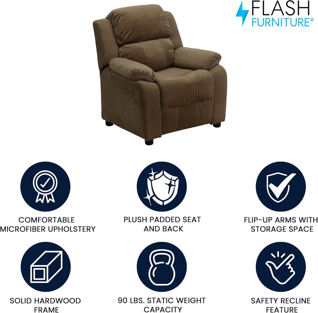 Flash Furniture Charlie Microfiber Kids Recliner with Flip-Up Storage Arms and Safety Recline, Contemporary Reclining Chair for Kids, Supports up to 90 lbs., Brown
