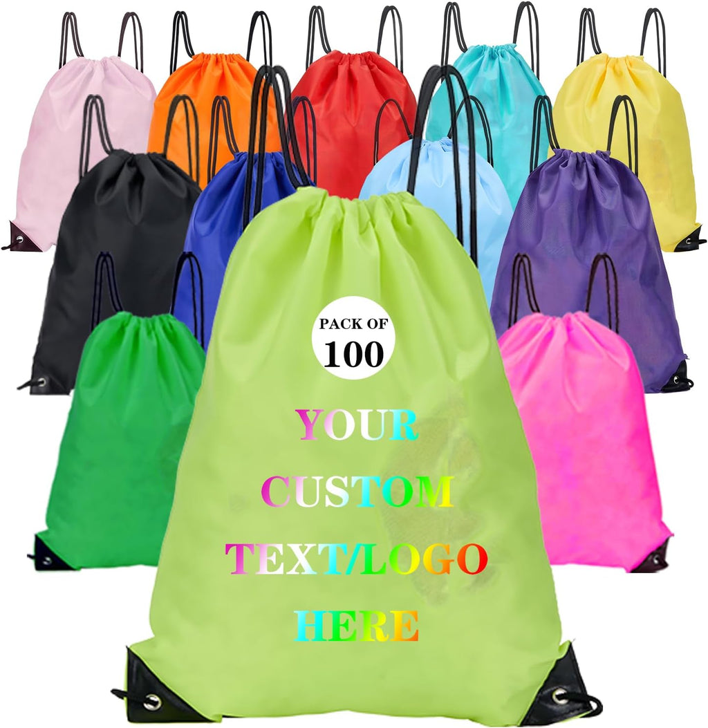 Custom Bags With Your Logo Set of 100 Custom Backpack Draw String Bags Pack Bulk for Travelling Swimming Gym Everyday Use (Yellowish green)