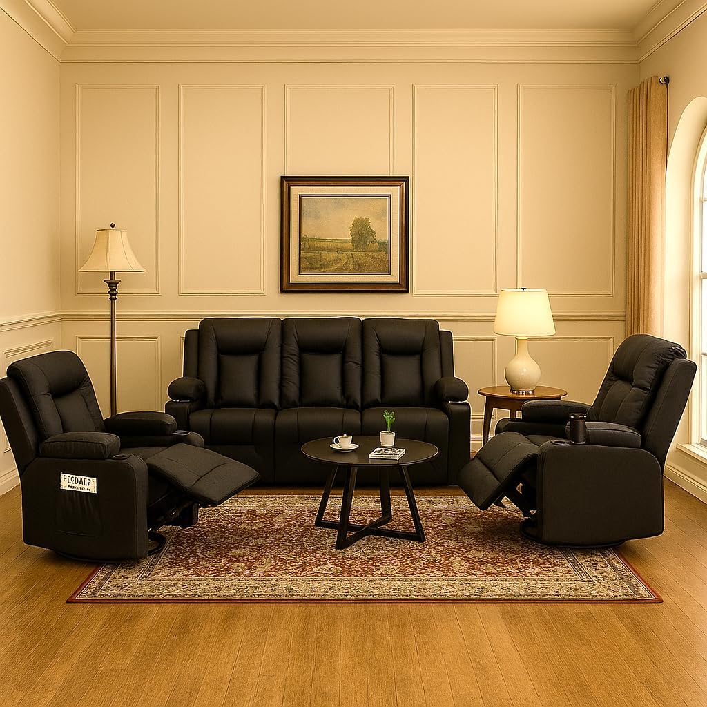 LUCKLIFE Leather Recliner Sofa Set with Manual Recliners,Living Room Furniture Set with Reclining Couch,Loveseat and Armchair,Living Room Chair with Cup Holders,Black (3+1+1)
