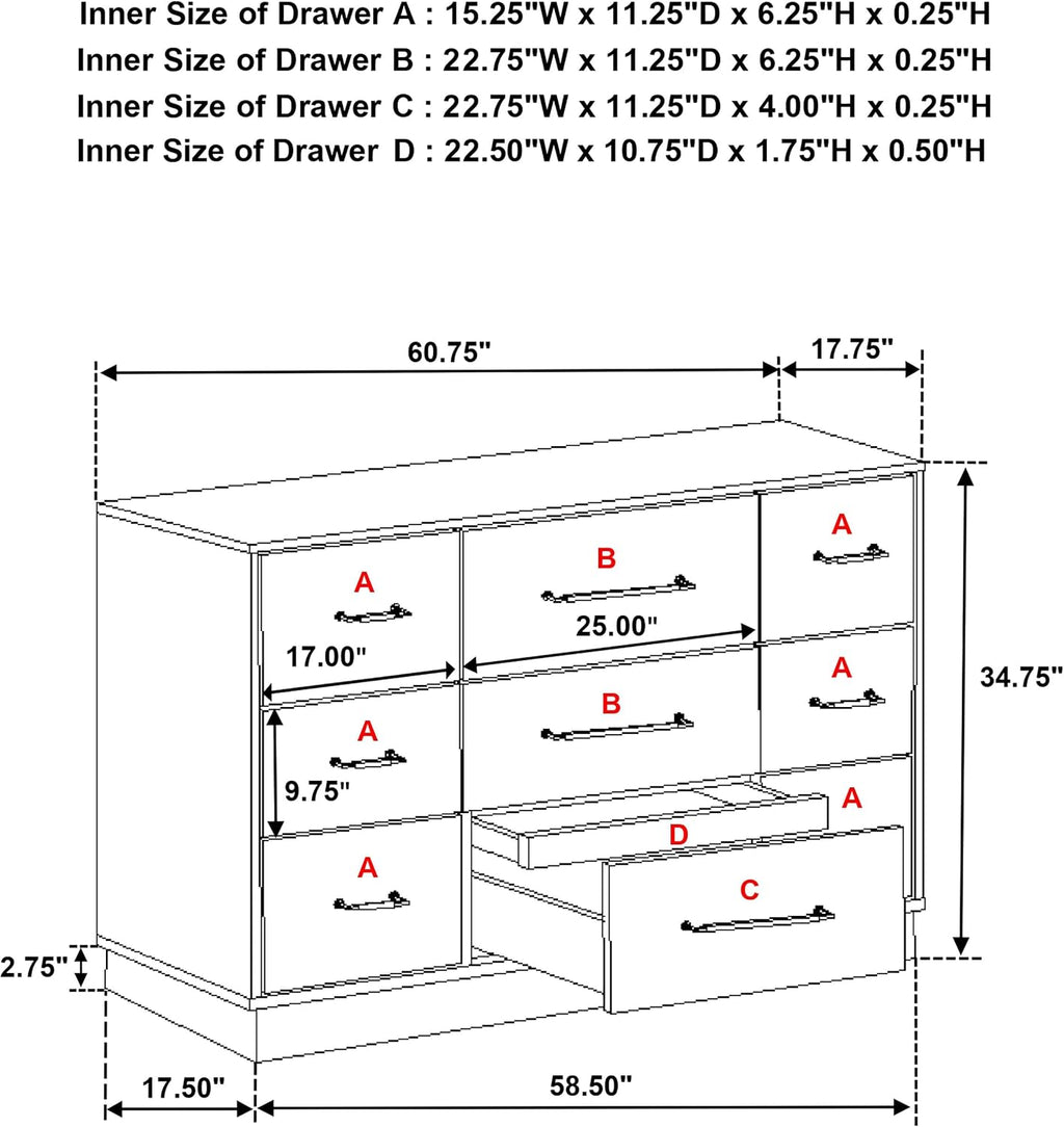 Coaster Home Furnishings - Fenwick - Engineered Wood - 9-Drawer Dresser with Contemporary Style, Two-Tone Design, Hidden Jewelry Drawer, Antique Nickel Handles - Bedroom - Grey Oak - 224983