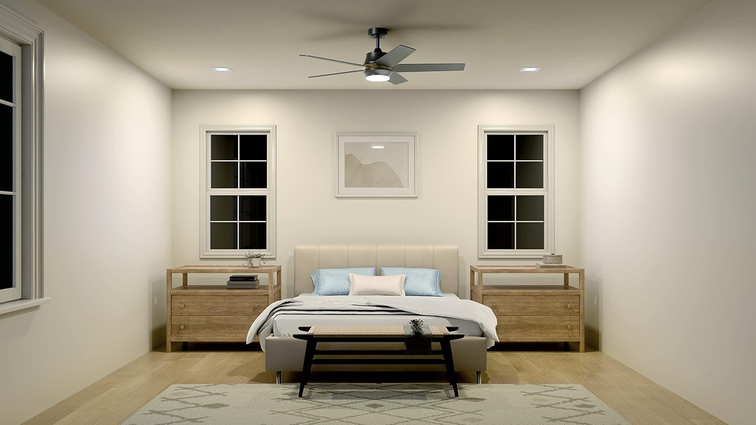 Kichler Maeve 52 in LED Ceiling Fan with Light, Modern Indoor Fan with Satin Etched Cased Opal Glass in Satin Black, Natural Brass Accent Ring, Wall Control, for Bedroom Living Room, 300059SBK
