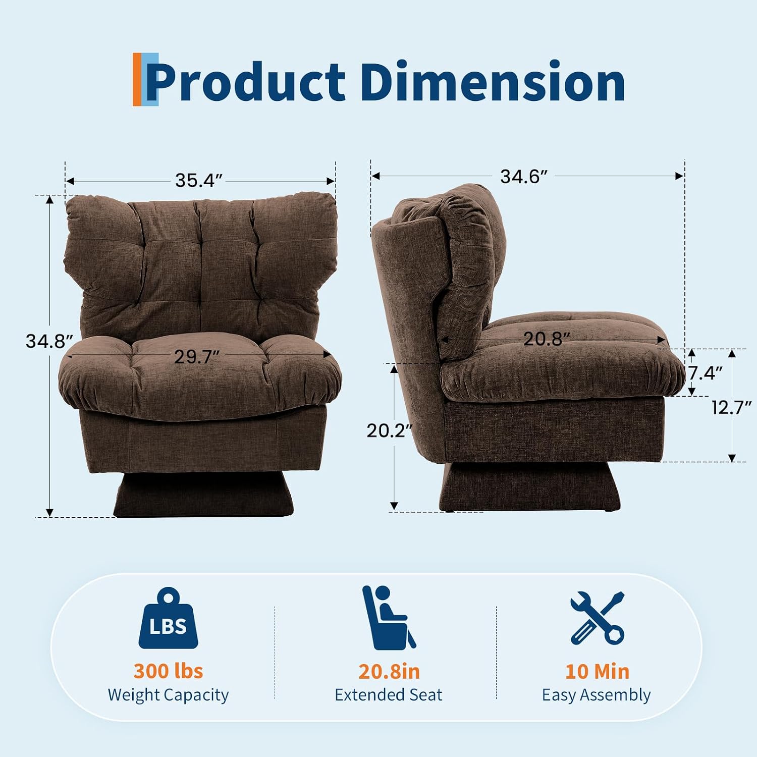 GarveeHome Chenille Swivel Accent Chair,360°Comfy Modern Sofa Chair with Oversize Base,20.8in Extended Seat with Cozy Cotton Filling,300Lb Max Load Accent Chair for Living Room, Bedroom, Office
