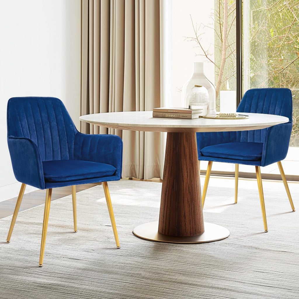 CangLong Furniture Modern Living Dining Room Accent Arm Chairs Club Guest with Gold Metal Legs, Set of 2, Navy Blue