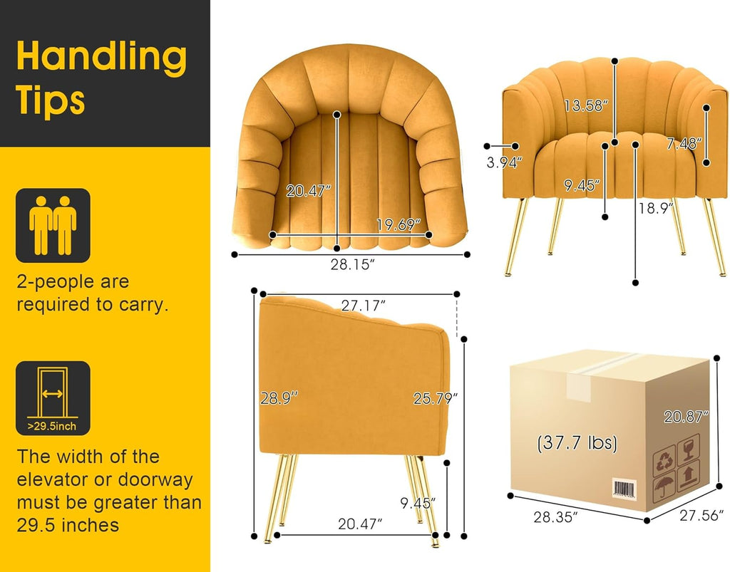 Dewhut Oversized Pumpkin Couch Accent Chair, Modern Comfy Velvet Upholstered Barrel Chairs, Luxury Single Sofa Armchair for Living Room, Waiting Room, Office and Vanity, (Mustard)