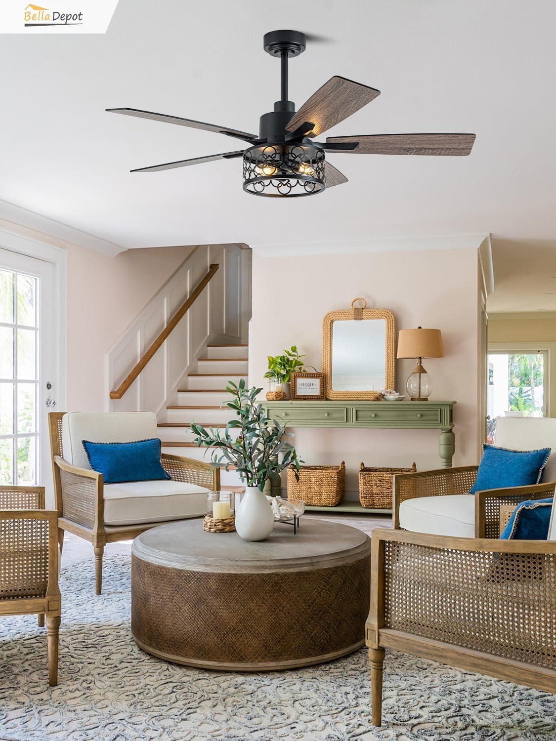Bella Depot 52' Ceiling Fan with Light, Farmhouse Caged Chandelier Fan with Lights and Remote, Vintage Rustic Indoor Fandelier with Silent Motor for Dining Living Room Bedroom, (Bulbs not Included)