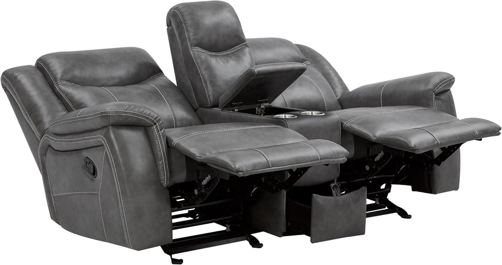 Coaster Home Furnishings - Conrad - Faux Leather Upholstered Padded Arm Glider Loveseat with Cup Holders, USB Port, Storage Drawer, and Power Outlet - Living Room & Home Theater - Gray - 650355