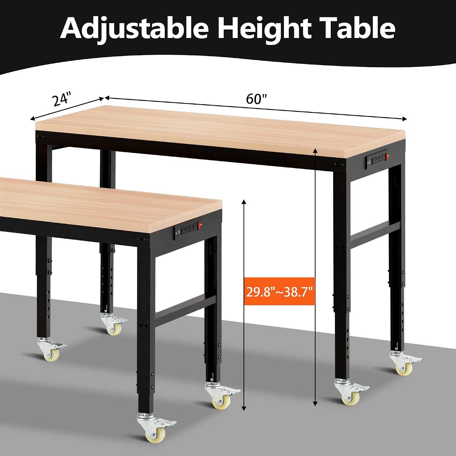 Antifir 60' Adjustable Workbench，Heavy Duty Wood Work Bench 2000 Lbs Load Capacity,Work Table with Power Outlet and Wheels for Garage, Workshop, Office, Home