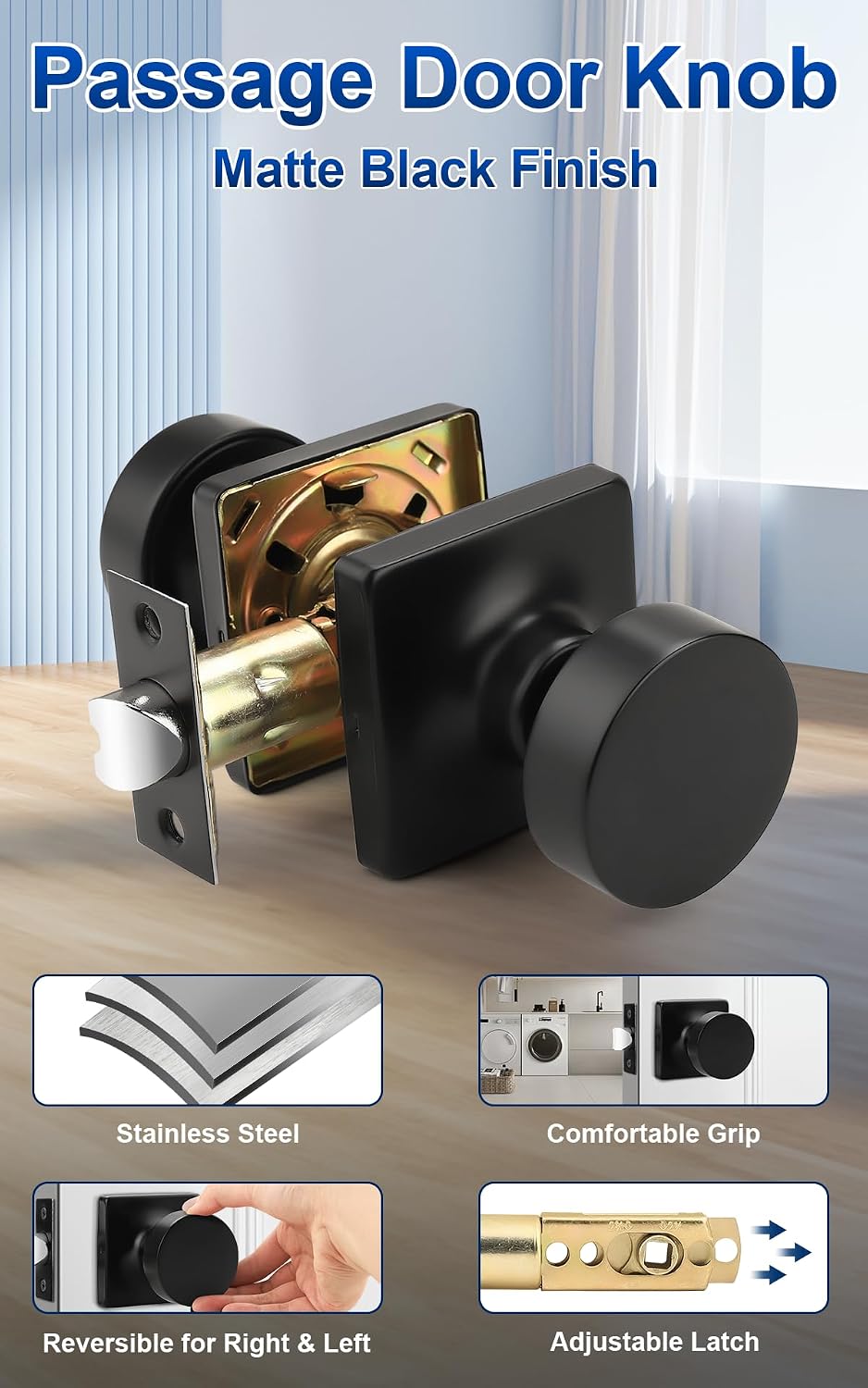 Probrico Interior Passage Door Knobs 8 Pack, Closet/Hallway Door Handles Inside, Modern Interior Matte Black Door Knob Without Key