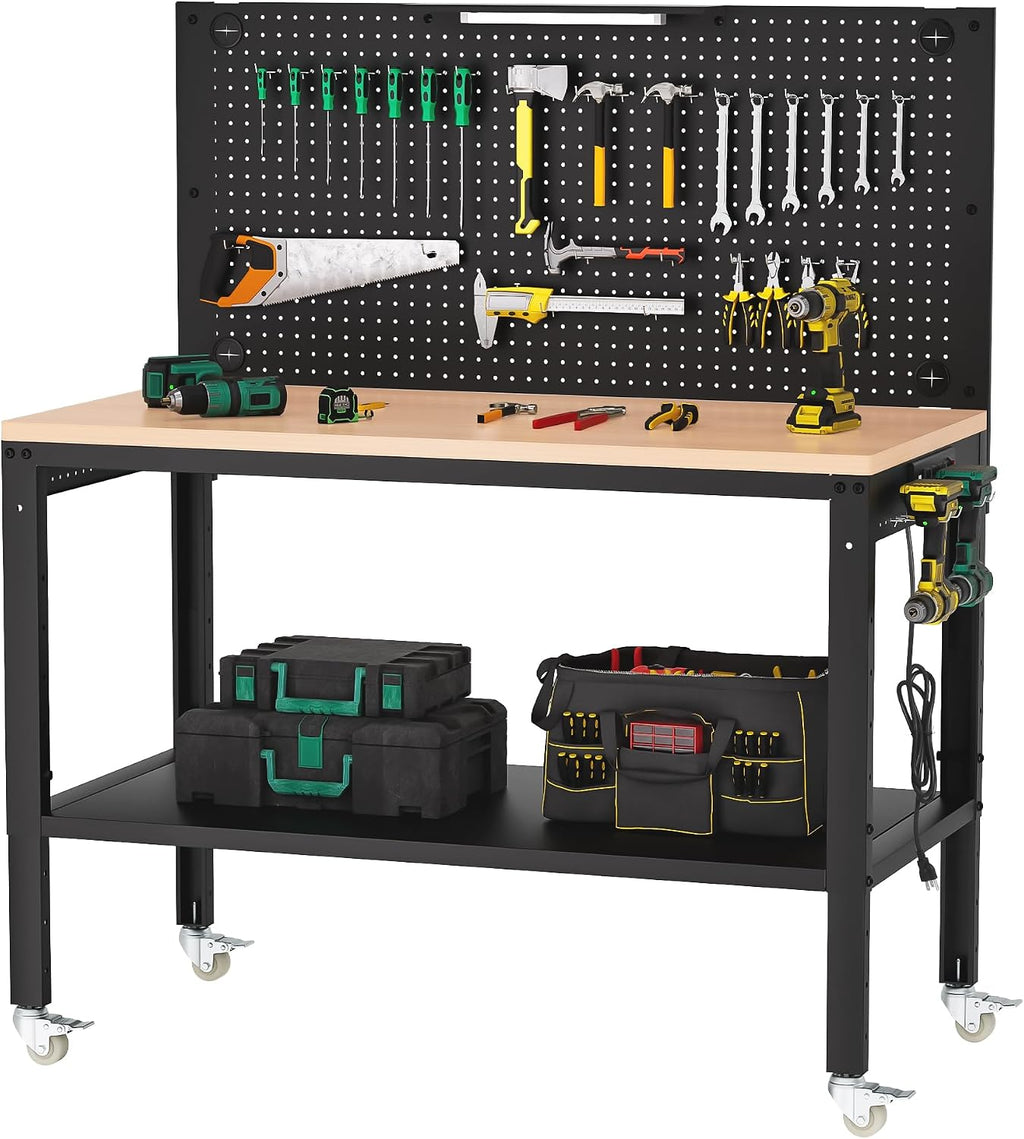 Antifir 48' Adjustable Height Workbench for Garage Work Table with Under Table Shelf & Pegboard, Max Load 2000 LBS Heavy Duty Wood Work Bench with Power Outlet for Commercial, Workshop, Office, Home