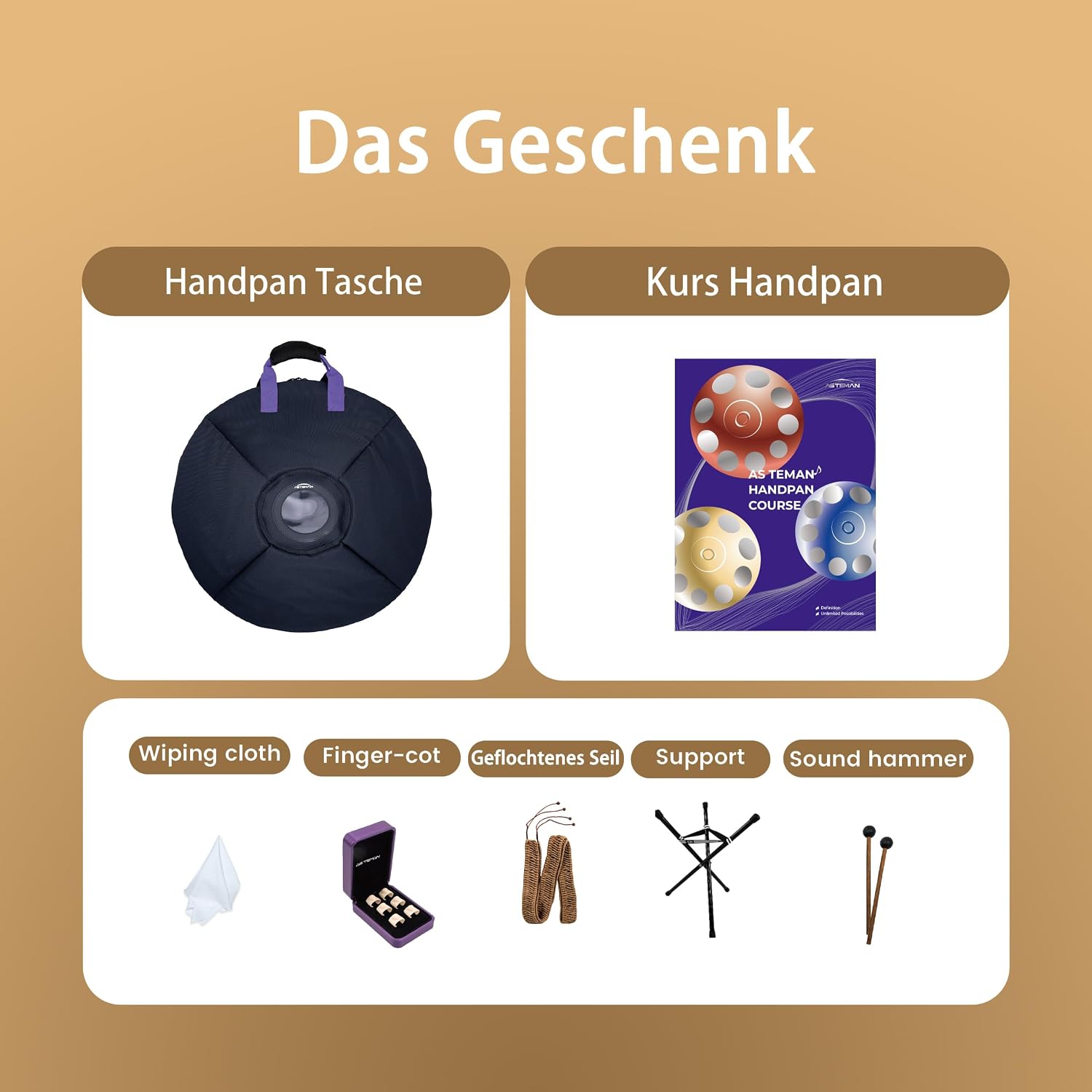 AS TEMAN HANDPAN Drum D minor 9 notes 22 inches, 432Hz, with gold finish, carrying bag, stand, cleaning cloth, drumstick.