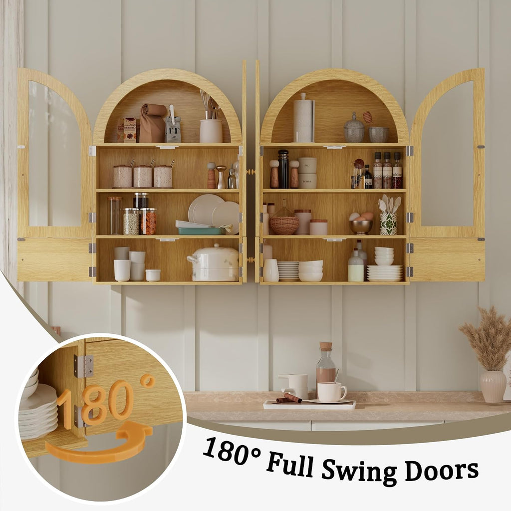 BREEZEHEAT Arched Medicine Cabinet Wall Mounted, Arched Bathroom Wall Cabinet with Glass Doors, Adjustable Shelf, Wall Over Toilet Cabinet for Bathroom, Kitchen, Laundry Room, Natural Oak
