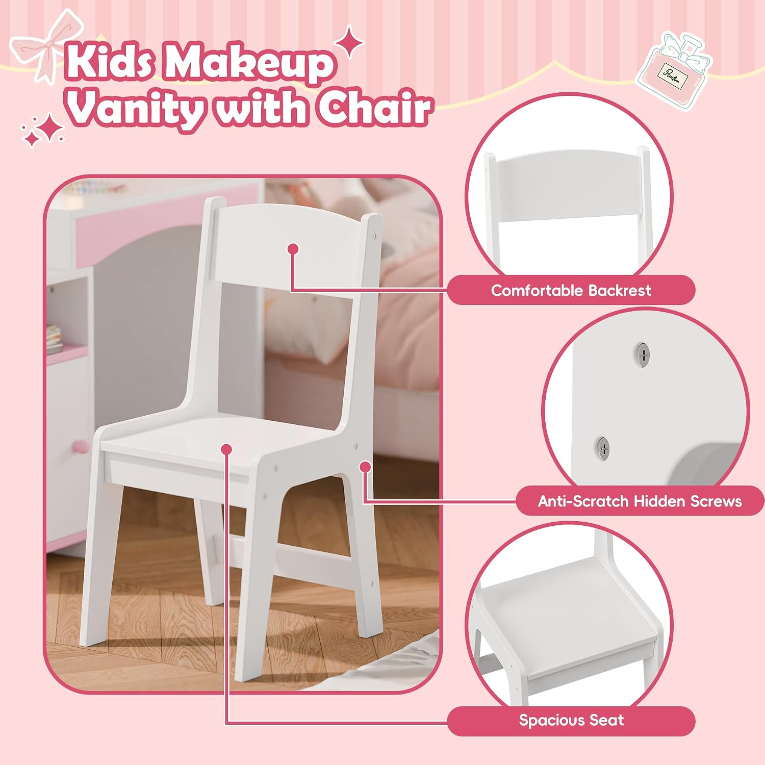 MU Kids Vanity, Girl Vanity Set with Mirror and Chair, 2 in 1 Toddler Makeup Vanity Table with Jewelry Storage, Wooden Princess Makeup Desk Dressing Table for Little Girls, White
