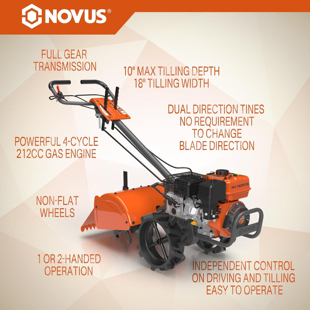 NOVUS 18-Inch Dual Direction Rear Tine Tiller, 212cc 4-Cycle Gas Engine, Full Gear Transmission, Dual Rotating Tines, Airless Tires Gas Tiller for Small to Large Gardens