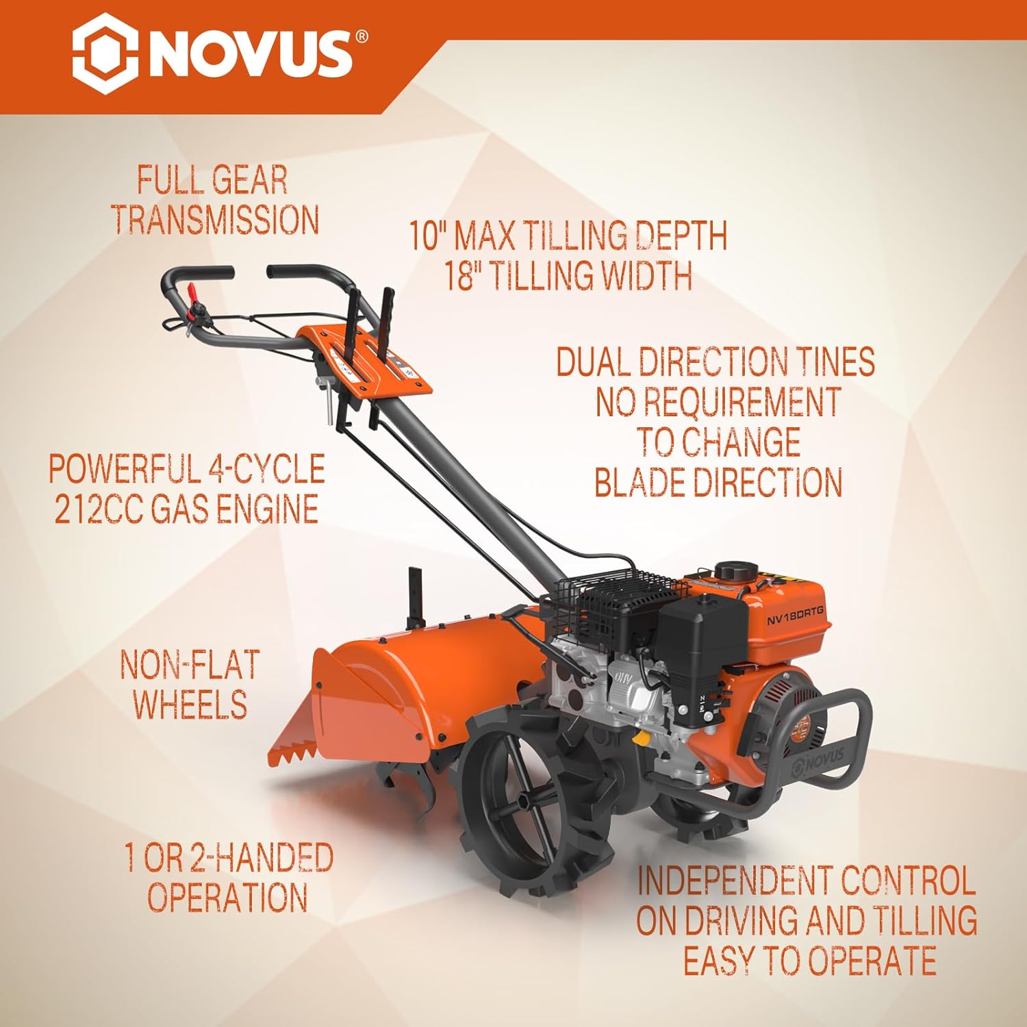 NOVUS 18-Inch Dual Direction Rear Tine Tiller, 212cc 4-Cycle Gas Engine, Full Gear Transmission, Dual Rotating Tines, Airless Tires Gas Tiller for Small to Large Gardens