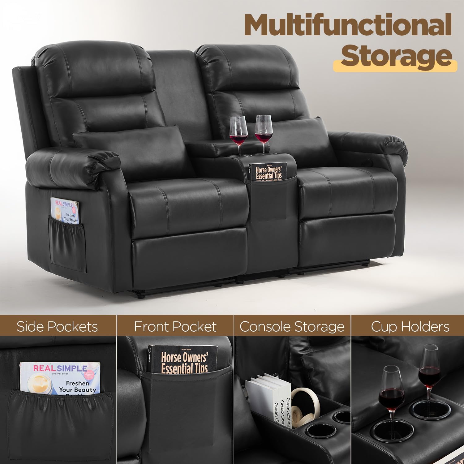 RV Loveseat Recliner with Console, Reclining Loveseat Sofa, Manual Home Theater Seating with Pockets/Cup Holders for Living Room/RV Furniture (Black PU)