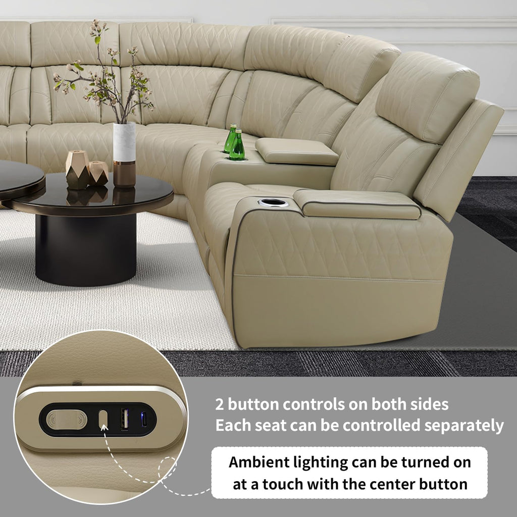 Power Recliner Sofa Sectional Couch with LED Light for Living Room,Leather Reclining Corner Sectional Sofa with 2 Recliner Seats,Cup Holder,Storage Console for House/Home Theater, Paddy